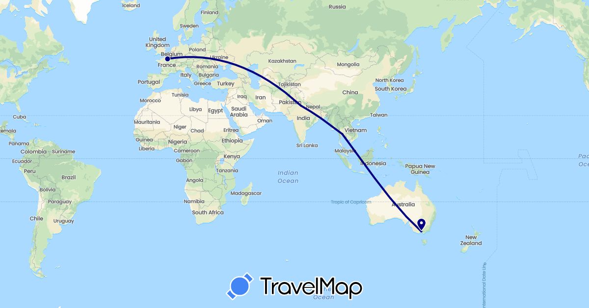 TravelMap itinerary: driving in Australia, France, India, Thailand (Asia, Europe, Oceania)